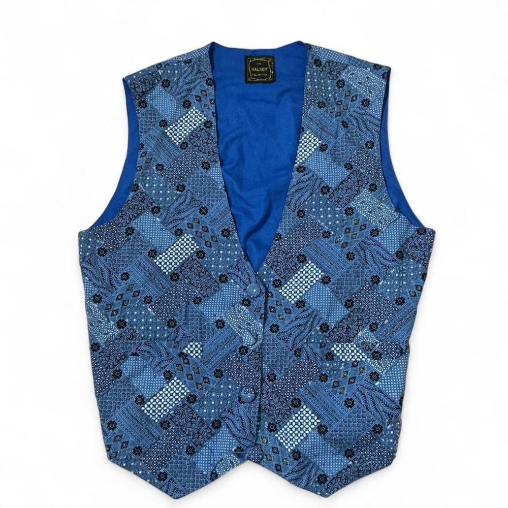 The Halsey Collection Blue Patterned Vest Waistcoat Sleeveless Holiday‎ Vintage